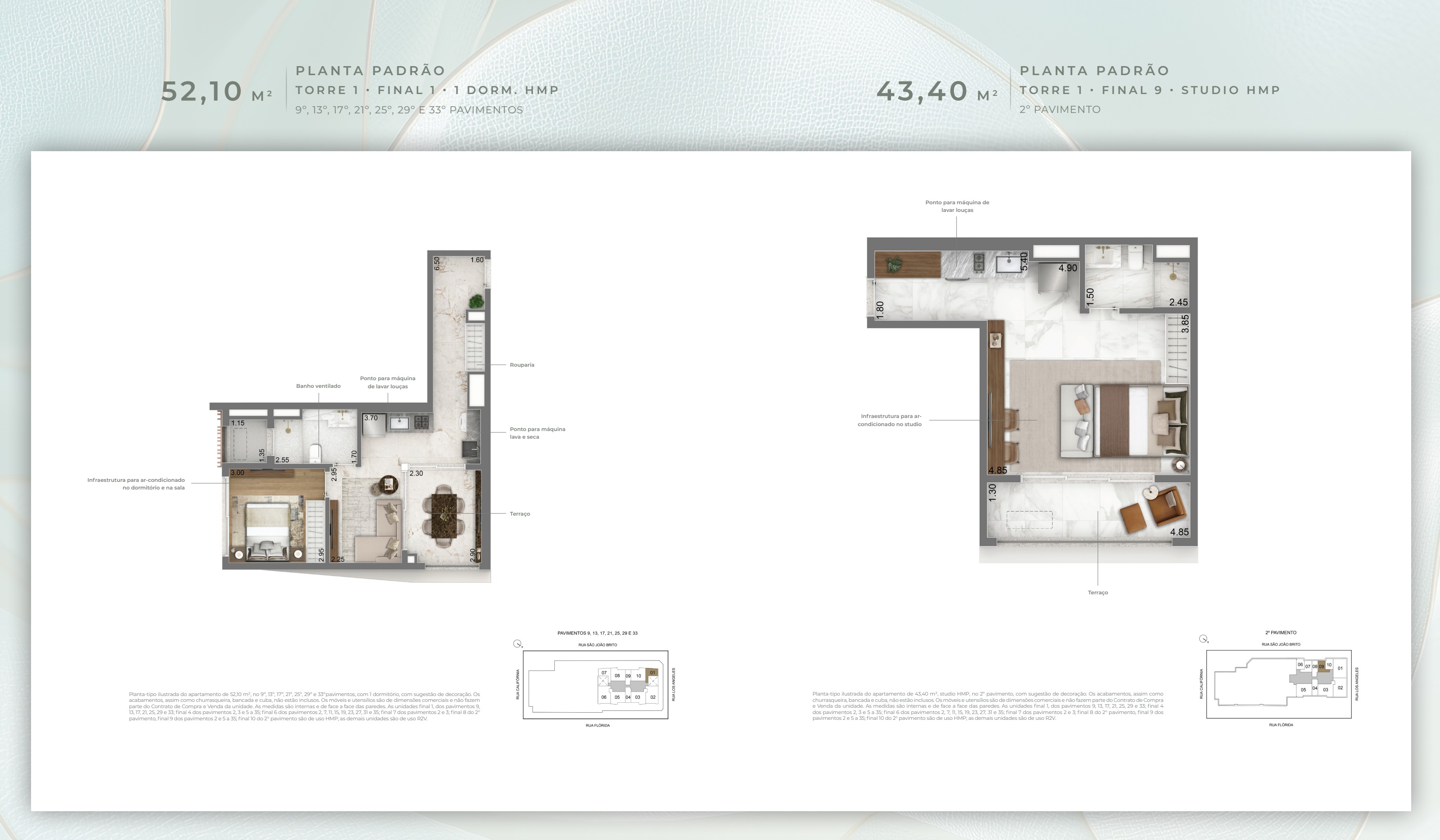 Planta 52,10 m² — Torre 1 · Final 1 · 1 dorm. HMP