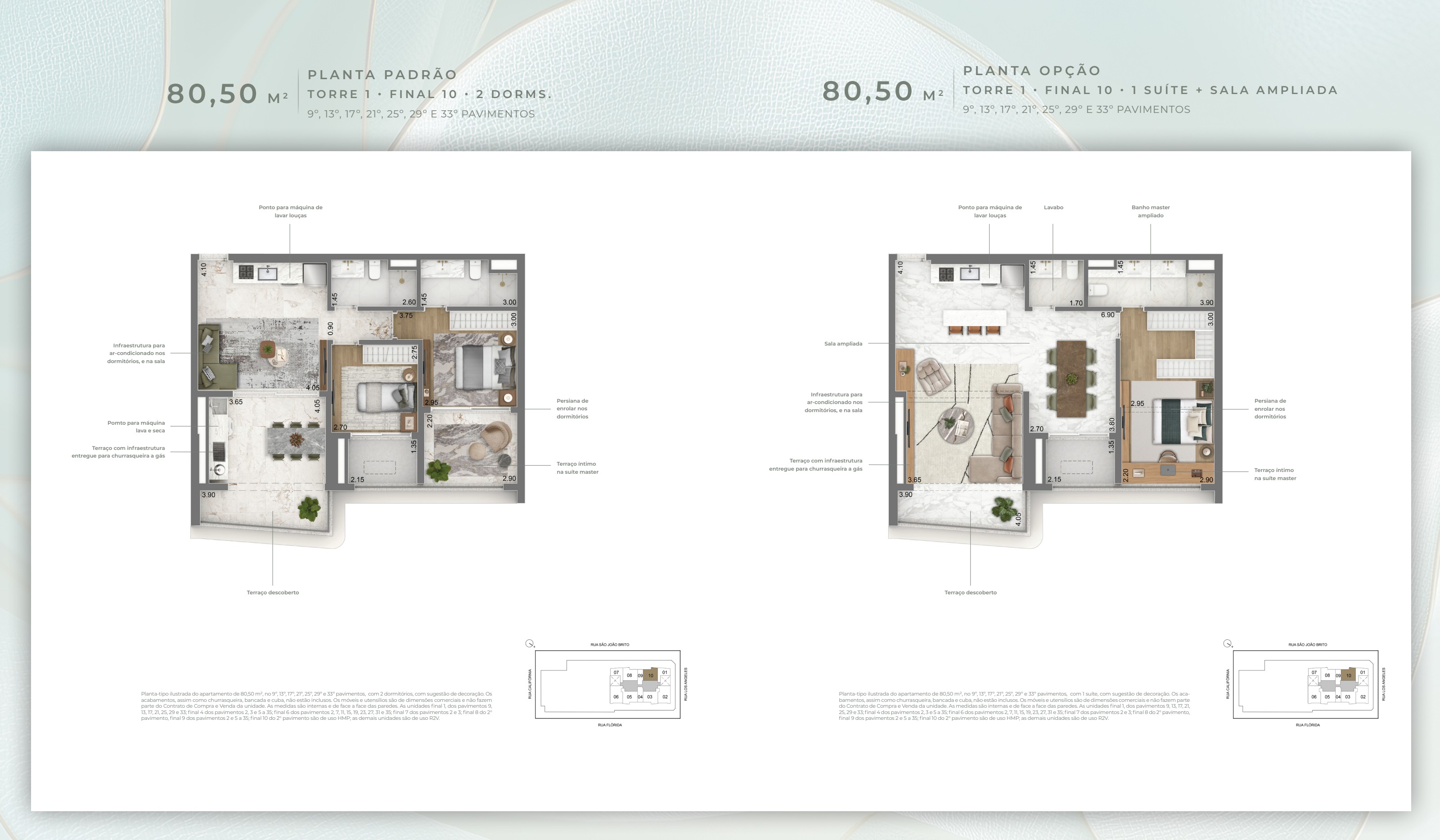 Planta 80,50 m² — Torre 1 · Final 10 · 2 dorms.