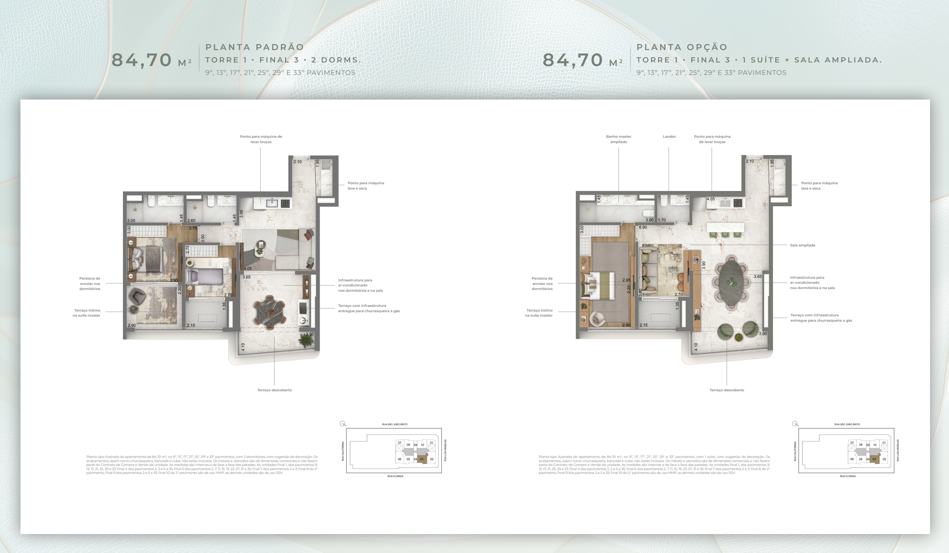 Planta 84,70 m² — Torre 1 · Final 3 · 2 dorms.