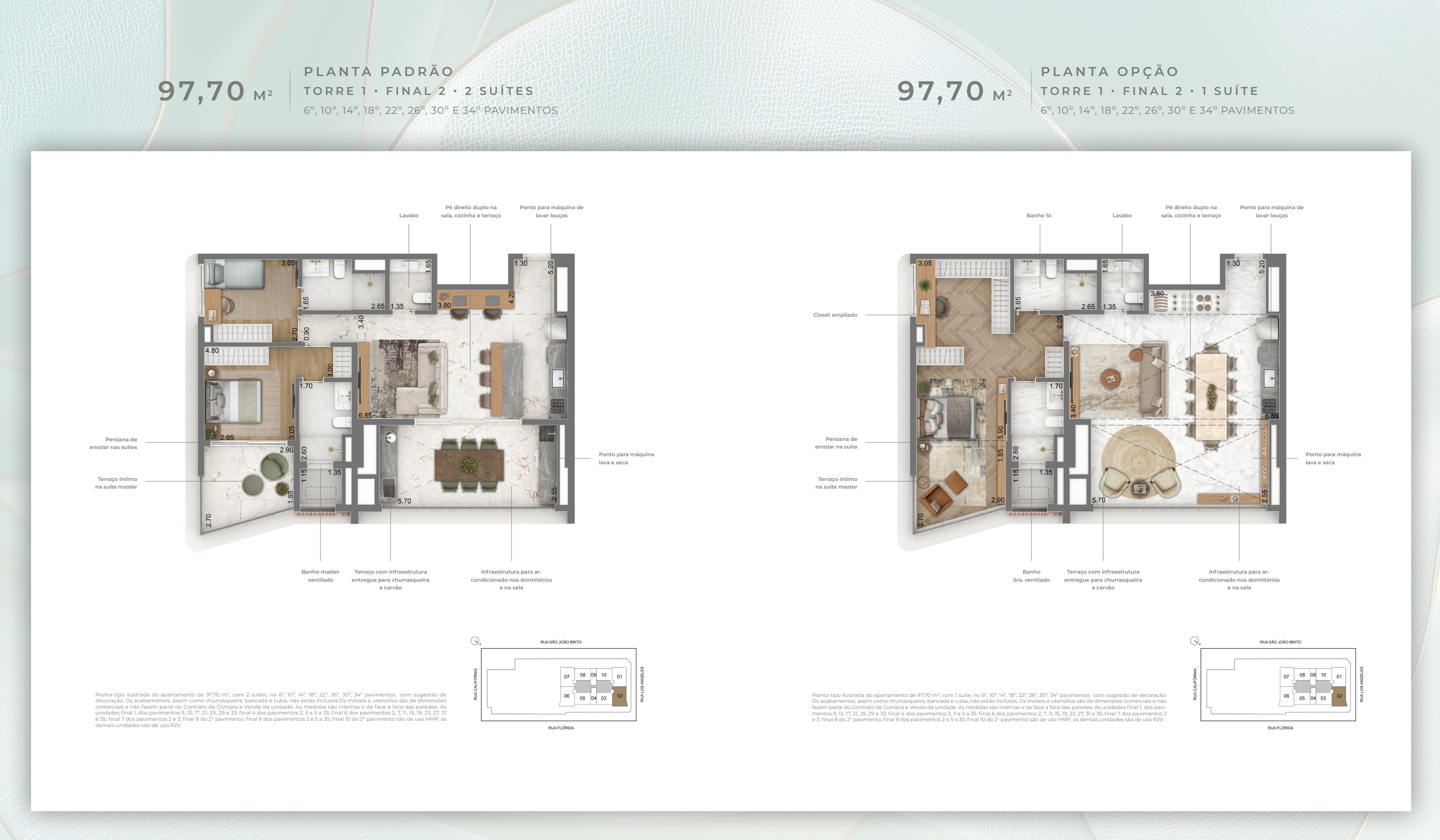 Planta 97,70 m² — Torre 1 · Final 2 · 2 suítes